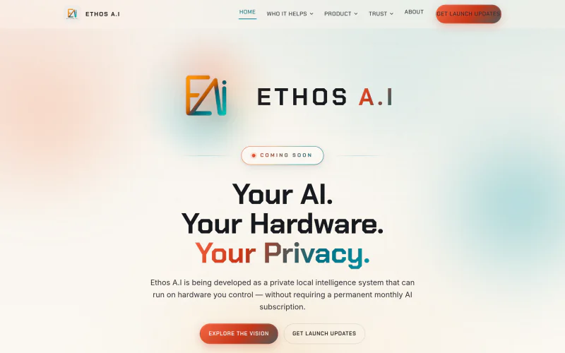 Home page of the Ethos A.I website